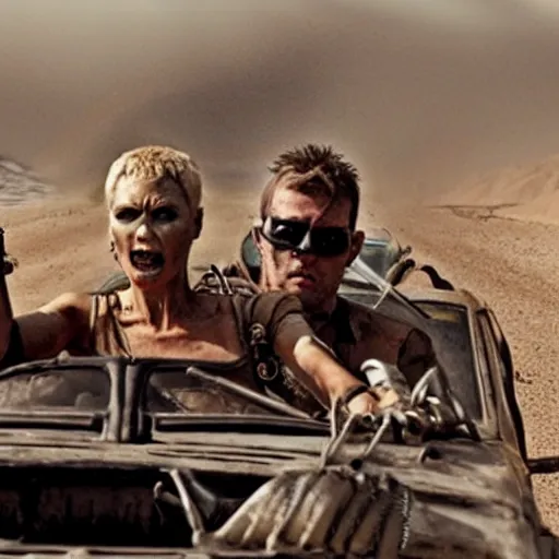 Prompt: a film still from the movie mad max fury road of the anthropomorphic cheetah raiders driving around in the post apocalyptic wasteland