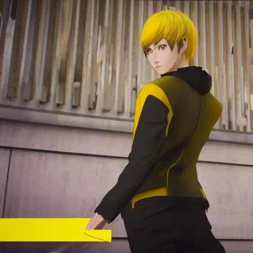 Image similar to film still of persona 4 protagonist, 8 k