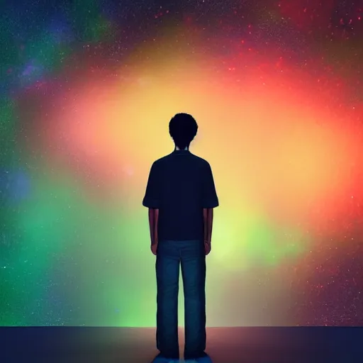Image similar to a man standing in front of a black background, a hologram by jang seung - eop, behance contest winner, space art, low poly, cosmic horror, 2 d game art