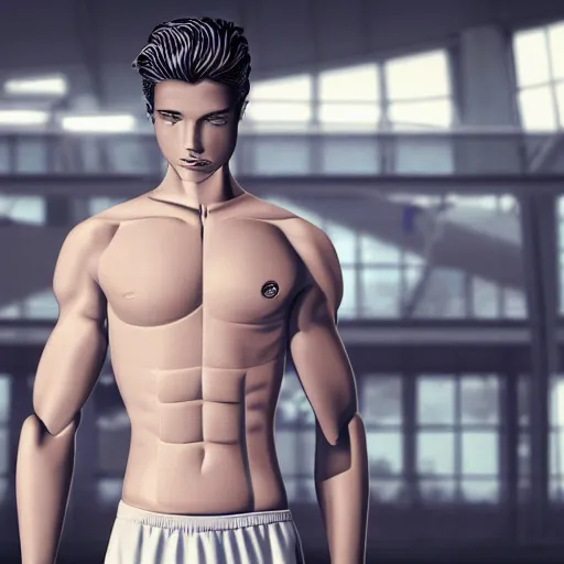 Image similar to a realistic detailed photo of a guy who is an attractive humanoid who is half robot and half humanoid, who is a male android, attractive and handsome soccer players, shiny skin, posing like a statue, blank stare, in a factory, on display, showing off his muscles, wearing soccer shorts, side view, looking at each other mindlessly