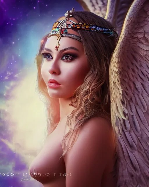 Image similar to A portrait of a mragot robbie as a goddess in heaven, piercing eyes, highly detailed, bokeh, professional photograph, full body shot 4K, HD