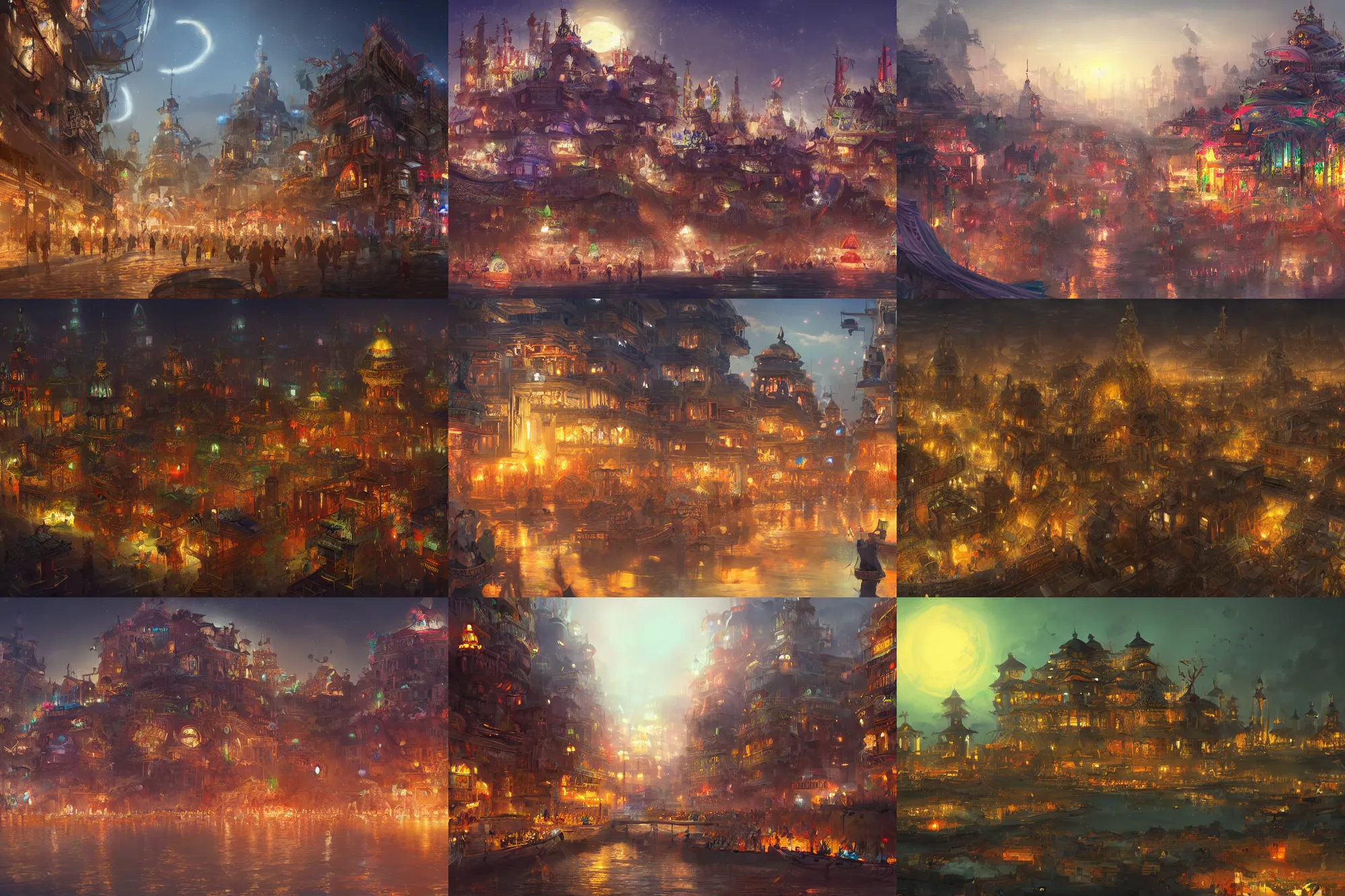 Image similar to Amagical eastern civilization at night, built around ocean, full with people, a lot of lights, multi layered huge architectures. Trending on artstation