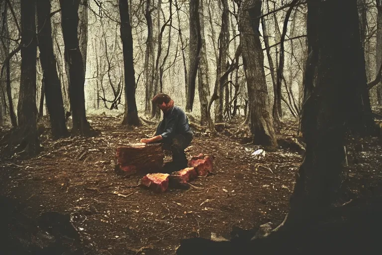 Image similar to terrible dark forest in the depths of which there is a thick butcher in a dirty shirt, chopping meat on a wooden stump, filmed hidden on a phone camera, Cinematic, wildlife photography, 35mm, photo on iphone