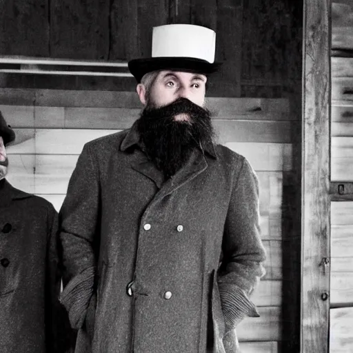 Image similar to Live Action Still of Jerma985 in a film as a Lighthouse Keeper with an overcoat, hat, and beard, with co star Robert Pattison who is wearing a overcoat, hat, and has a mustache, real life, black and white, hyperrealistic, ultra realistic, realistic, highly detailed, epic, HD quality, 8k resolution, body and headshot, film still