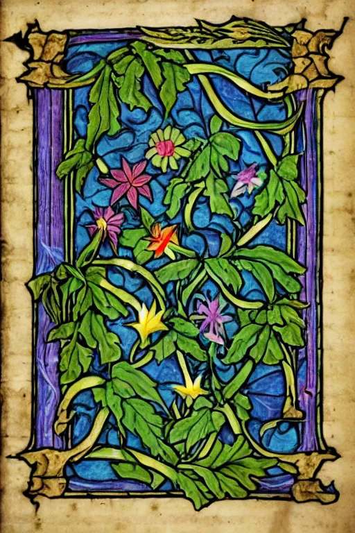 Image similar to vaporwave botanical medieval illuminated manuscript