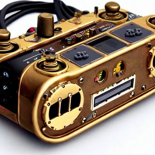 Prompt: steampunk super nintendo console with hand controls, electricity, Insanely detailed, clean photorealistic realistic