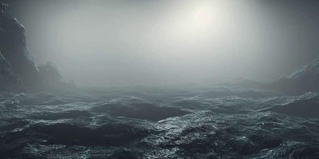 Image similar to there is a sea of underworld, there are fish, it is thousands of miles wide, and no one knows how to cultivate it, light through the mist, dramatic lighting, photorealistic, cinematic lighting, high detail, cinematic feel, high octane, 4K, Unreal Engine, digital render, intricate, ultra realistic, concept art