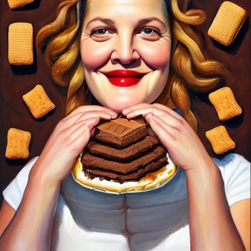 Image similar to drew barrymore in a smore, chocolate, marshmallow graham cracker, digital painting by arcimboldo, rhads