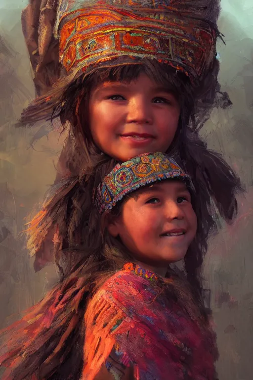 Image similar to aztec little girl, joyful, close - up portrait, intricate, elegant, volumetric lighting, scenery, digital painting, highly detailed, artstation, sharp focus, illustration, concept art, ruan jia, steve mccurry