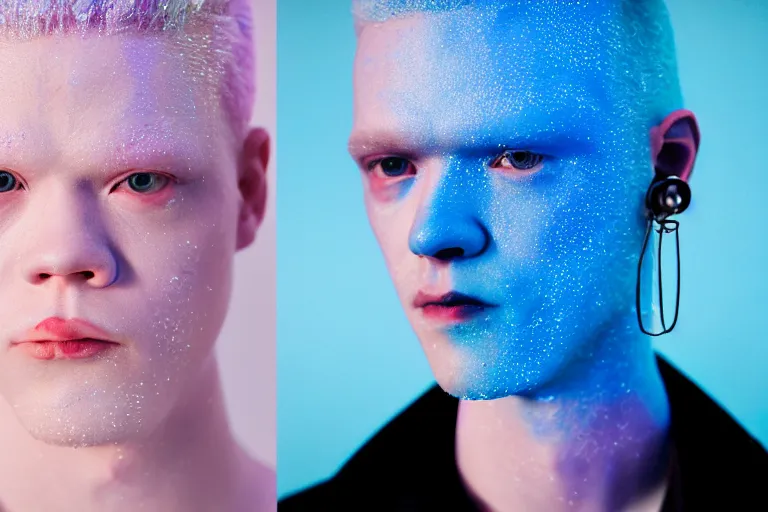 Image similar to a close - up risograph of cyberpunk albinism model men wearing lots of transparent and cellophane accessories, light blue colors, huge earrings and queer make up, blue hour, twilight, cool, portrait, crispy, full - shot, blue sky, kodachrome, photo by mayumi hosokura, style by moebius