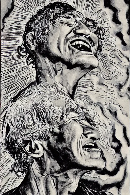 Image similar to an awesome jean giraud portrait of timothy leary laughing hysterically in the style of a renaissance masters portrait, mystical and new age symbolism