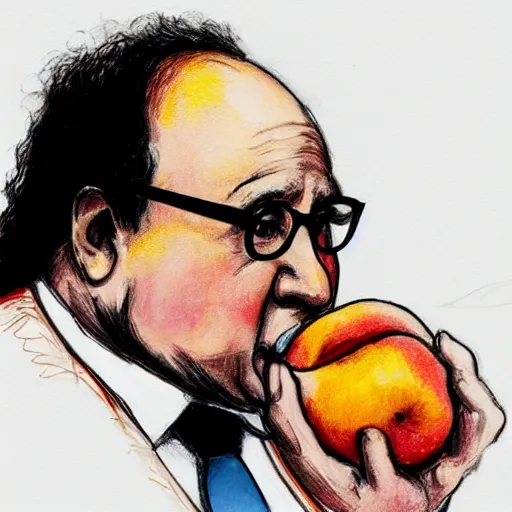 Prompt: courtroom sketch of danny devito eating a peach, high quality, high resolution