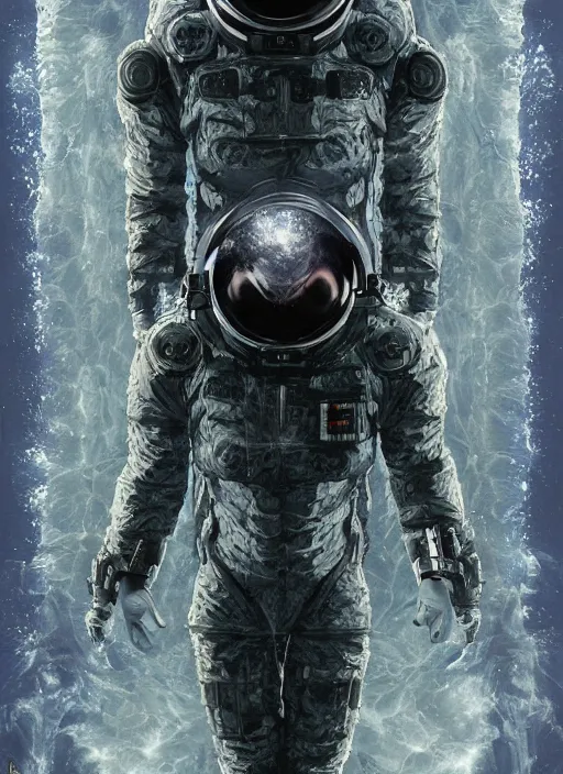 Image similar to astronauts divers in dark void underwater - complex and hyperdetailed technical suit design. reflection and dispersion materials. rays and dispersion of light. volumetric light. f / 3 2. noise film photo. flash photography. ultra realistic, 5 0 mm. poster by wayne barlowe, hajime sorayama aaron horkey, craig mullins