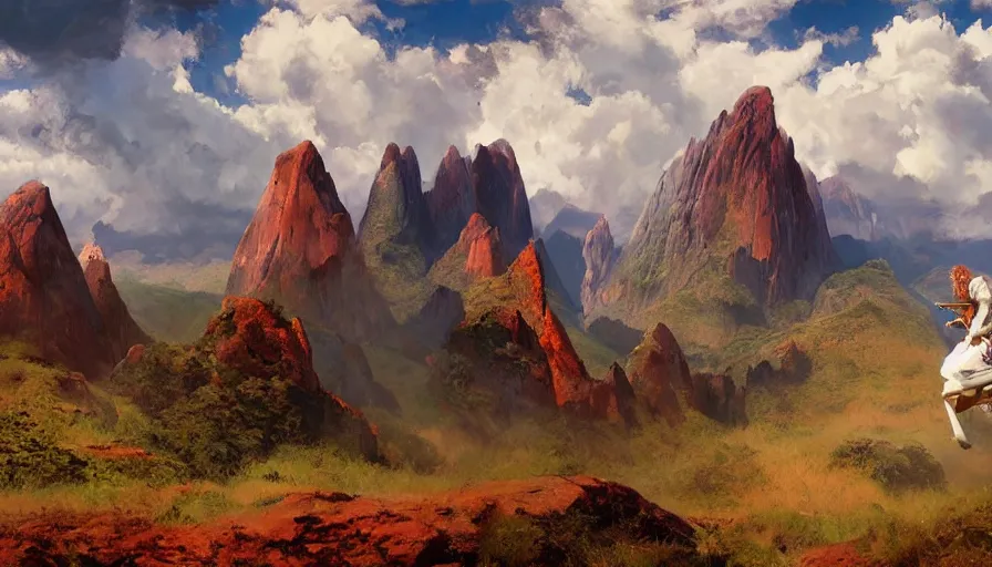 Image similar to excellent painted daemon in a wide epic beautiful landscape somewhere in south america with fluffy clouds, painted by Hans Fredrik Gude, Greg Rutkowksi, Craig Mullins and Artgerm, masterpiece, 4k, ultra realistic highly detailed oil painting