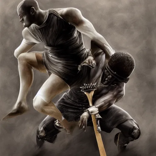 Prompt: a photorealistic digital painting of a human black chess pawn attacking a human white chess king with a spear. trending on artstation.