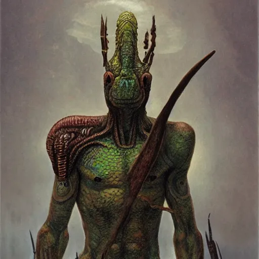 Prompt: lizardman warrior concept, tribal, beksinski, - n 9