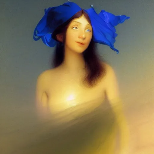 Image similar to a young woman's face, her hair is gold and she wears an cobalt blue satin cloak, by ivan aivazovsky and syd mead and moebius and gaston bussiere and roger dean and pieter claesz and paul delaroche and alma tadema and aelbert cuyp and jan eyck, hyperrealistic, volumetric light, octane render