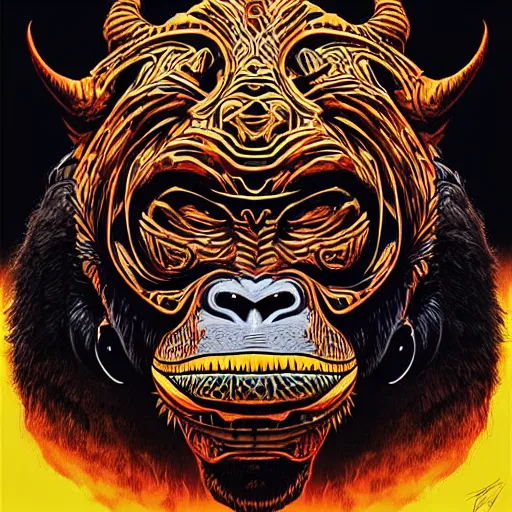 Image similar to barong family member, wiwek, mara demon, one single tribe member, jungle, one single mask, dark, ancient warrior, gorilla, lizard, tribal, inner glow, art by dan mumford and justin gerard