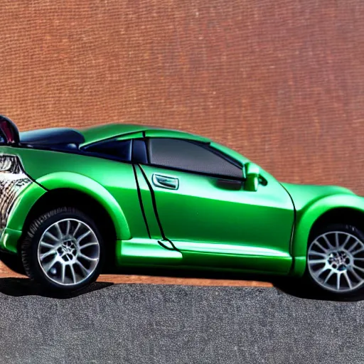 Image similar to a redhead woman driving a Jada toys mitsubishi eclipse green diecast car, high resolution macro photo, viewed through the cars window