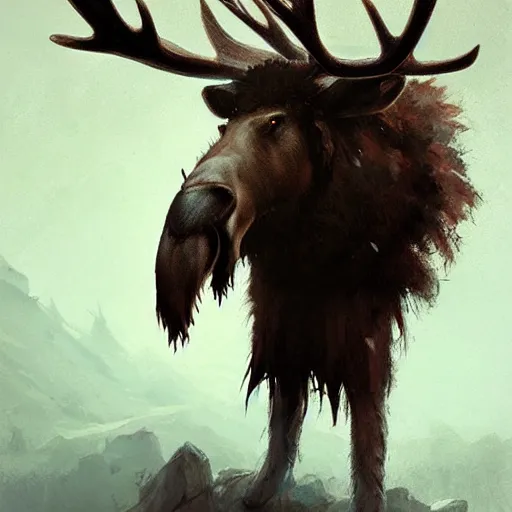 Image similar to hairy barbarian wearing moose head by greg rutkowski