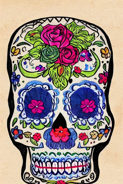 Prompt: Illustration of a sugar skull day of the dead girl, art by johannes itten