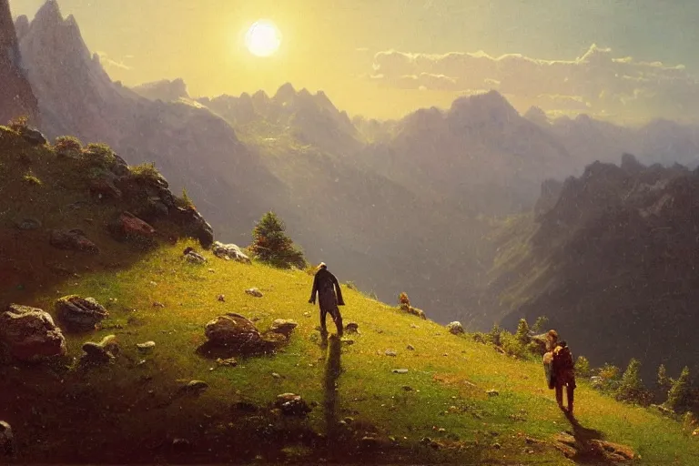 Image similar to a traveler wandering trough the mountains looking at the clouds, very detailed, focused, oil painting, cinematic lighting, albert bierstadt, trending on artstation, colorful, canvas, sunset, hans dahl, theodor kittelsen, hermann hendrich, national geographic, Konstantin Yakovlevich Kryzhitsky, greg rudkowski, beautiful nature, breathtaking