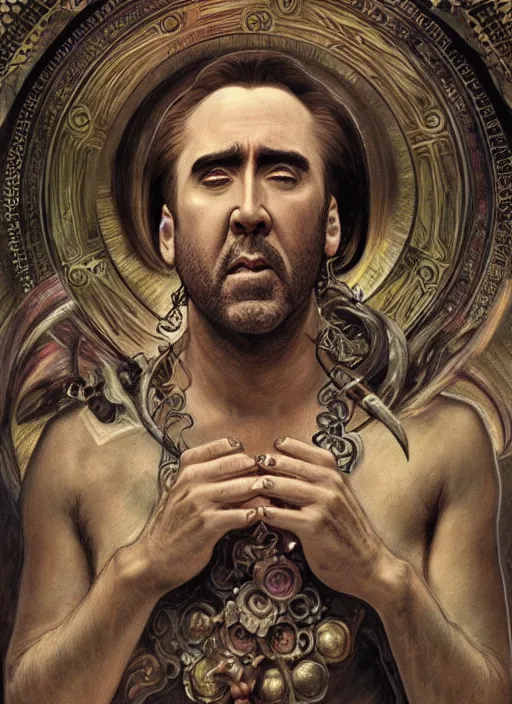 Prompt: Nicolas Cage as God of Hell, brutal, fantasy, intricate, elegant, highly detailed, digital painting, 4k, HDR, concept art, smooth, sharp focus, illustration, art by alphonse mucha,artgerm, H R Giger