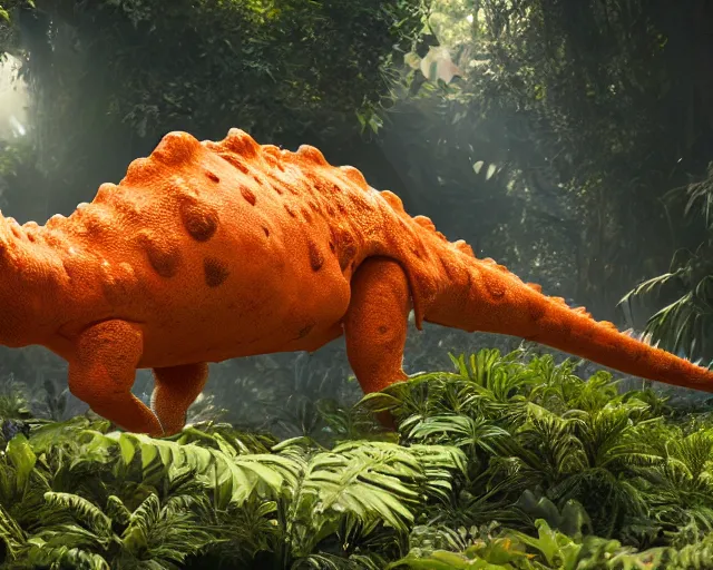 Image similar to cute orange carnotaurus in a prehistoric jungle, pixar, 8 k, octane render, cinematic