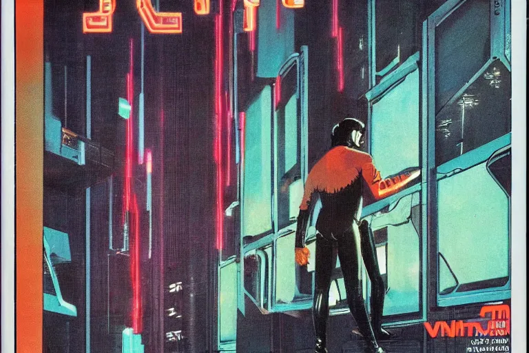 Image similar to 1979 OMNI Magazine Cover depicting a creepy cyber man standing in a large corner office. Cyberpunk Akira style by Vincent Di Fate