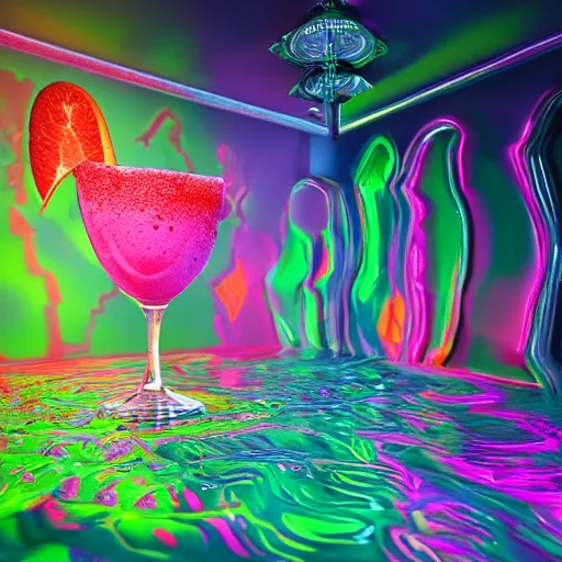 Image similar to cherry limeade smoothie drip, intricate complexity, surreal horror, inverted neon rainbow drip paint, trending on art station, photoreal, 8 k, octane render by greg rutkowski, rafał olbinsk and salvador dali