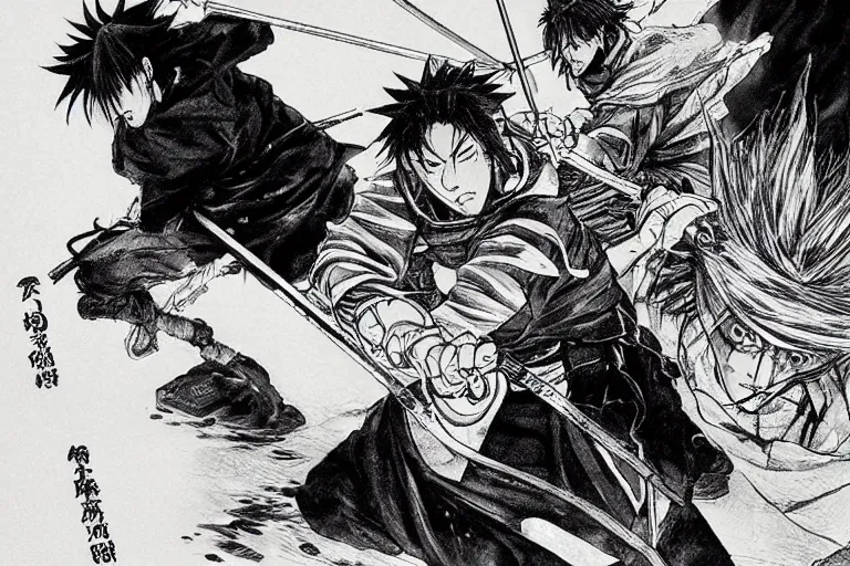 Image similar to epic and cinematographic samurai duel, black and white mange by takehiko inoue and Hiroshi Hirata