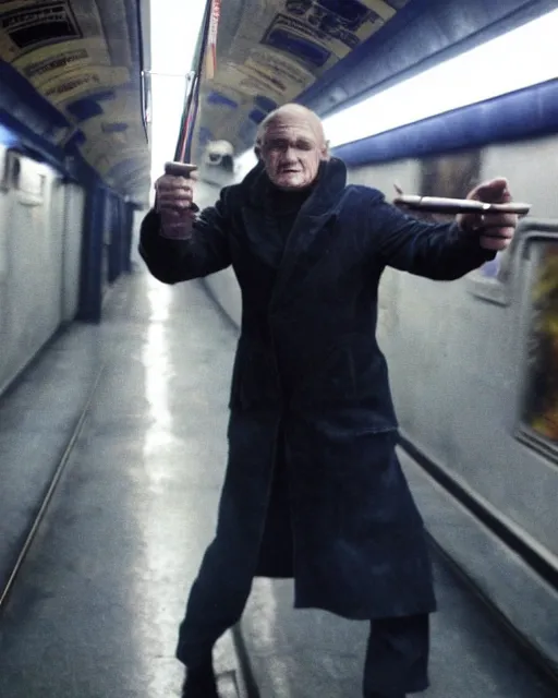 Image similar to movie villain, actor david patrick kelly, 2 5 years old, practicing with his glowing nunchucks while riding a post apocalyptic subway train filled with mutants, movie dreamscape