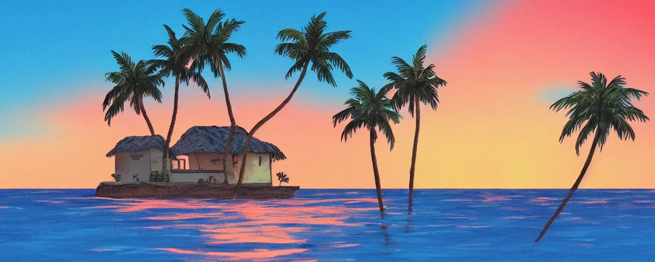 Prompt: small house on a tiny island in the middle of the ocean, (((colorful clouds))), sunset, palm trees, ghibli style