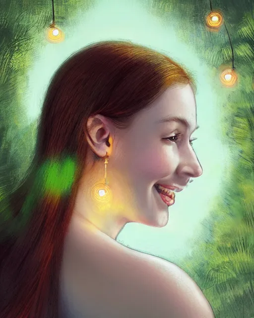 Image similar to a happy, modern looking young woman looking over shoulder, intricate detailed dress, among the lights of golden fireflies and nature, long loose red hair, bright green eyes, small nose with freckles, triangle shape face, smiling, dreamy scene, golden ratio, high contrast, hyper realistic digital art by caravaggio and artgerm.