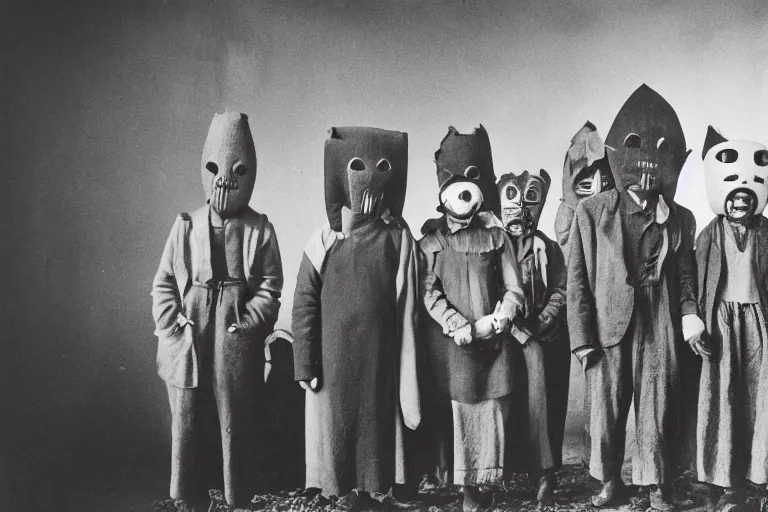 Prompt: vintage photo of villagers wearing weird masks by hilla becher, eerie, bizarre, highly detailed shot, dramatic 8 k uhd