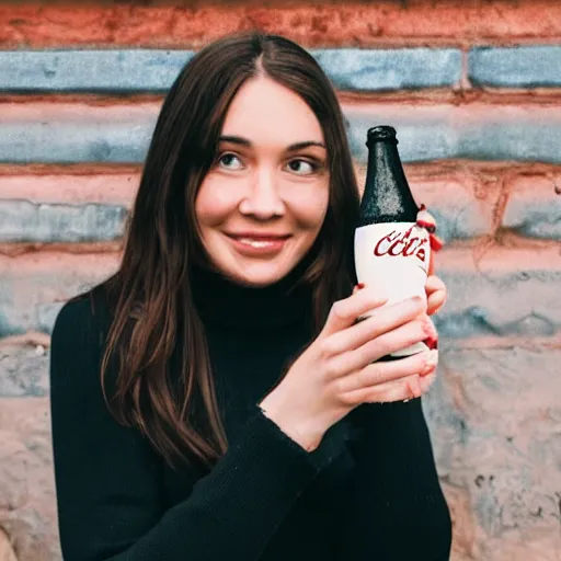 Image similar to a woman, mid-20s, drinking a bottle of coke