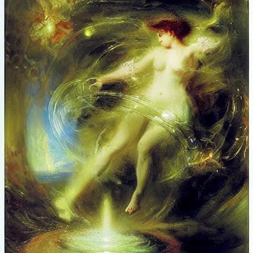 Prompt: A kinetic sculpture. A rip in spacetime. Did this device in her hand open a portal to another dimension or reality?! by Thomas Moran unified, serene