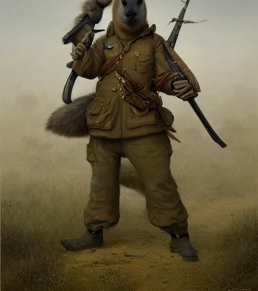 Prompt: anthropomorphic capybarq, capybara as a war general in a commander outfit, holding a large wooden stocked rifle, in the style of greg rutkowski, symetrical, oryantalist, photo realistic, 8k, epic, ultra detailed, by Gustave Doré, by Marco Turini, by Artgerm, Deviantart in the style of Tom Bagshaw, Cedric Peyravernay, Peter Mohrbacher by William-Adolphe Bouguereau, by frank frazetta, symetrical features, joyful