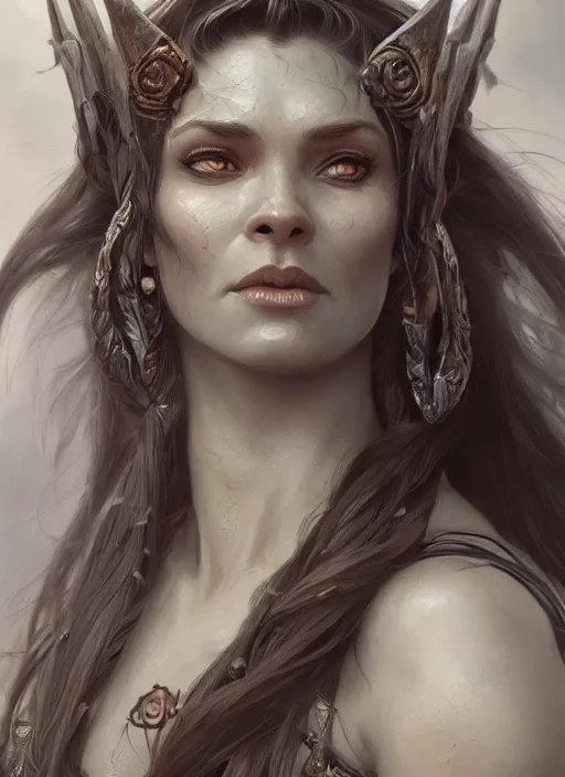 Prompt: up close portrait of a beautiful female orc with long hair, d & d, face, fantasy, intricate, elegant, highly detailed, digital painting, artstation, concept art, smooth, sharp focus, 4 k uhd, illustration, art by artgerm and greg rutkowski and alphonse mucha