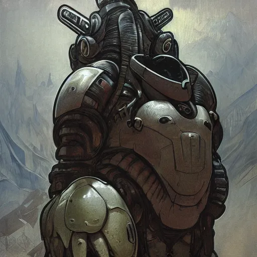 Prompt: hulking, brutish clone with vacant expression and giant isopod attached to back of neck, wearing brutalist black steel power armor and camoflauge cloak, science fiction concept art by Anato Finnstark, Alphonse Mucha, and Greg Rutkowski