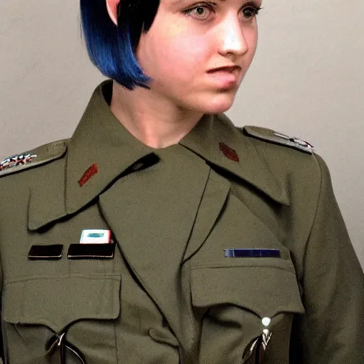 Image similar to girl in military uniform with short blue hair and sharp haircut in the style of Enki Bilal