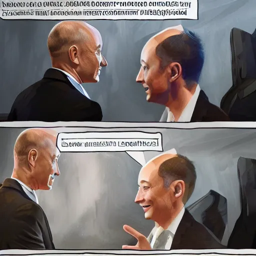 Prompt: illustration of a meeting between elon musk, mark zuckenberg, jeff bezos, very detailled, by artgem, by david rutkowski