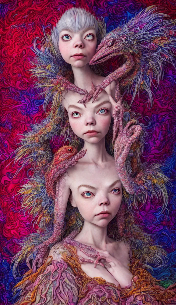 Image similar to hyper detailed 3d render like a Oil painting - kawaii portrait of solitary Aurora (a beautiful skeksis muppet fae queen from dark crystal that looks like Anya Taylor-Joy) seen red carpet photoshoot in UVIVF posing in scaly dress to Eat of the Strangling network of yellowcake aerochrome and milky Fruit and His delicate Hands hold of gossamer polyp blossoms bring iridescent fungal flowers whose spores black the foolish stars by Jacek Yerka, Ilya Kuvshinov, Mariusz Lewandowski, Houdini algorithmic generative render, Abstract brush strokes, Masterpiece, Edward Hopper and James Gilleard, Zdzislaw Beksinski, Mark Ryden, Wolfgang Lettl, hints of Yayoi Kasuma and Dr. Seuss, octane render, 8k