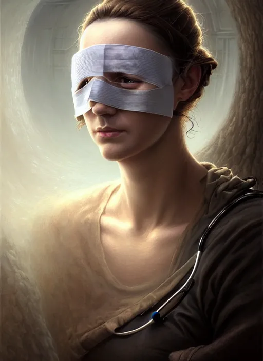 Image similar to closeup portrait shot of a nurse with bandages over eyes in a scenic dystopian environment, intricate, elegant, highly detailed, centered, digital painting, artstation, concept art, smooth, sharp focus, illustration, artgerm, tomasz alen kopera, peter mohrbacher, donato giancola, joseph christian leyendecker, wlop, boris vallejo