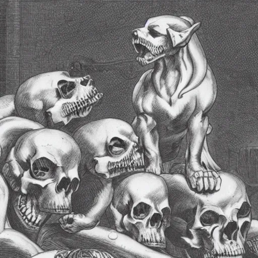 Prompt: Cerberus guarding a pile of skulls