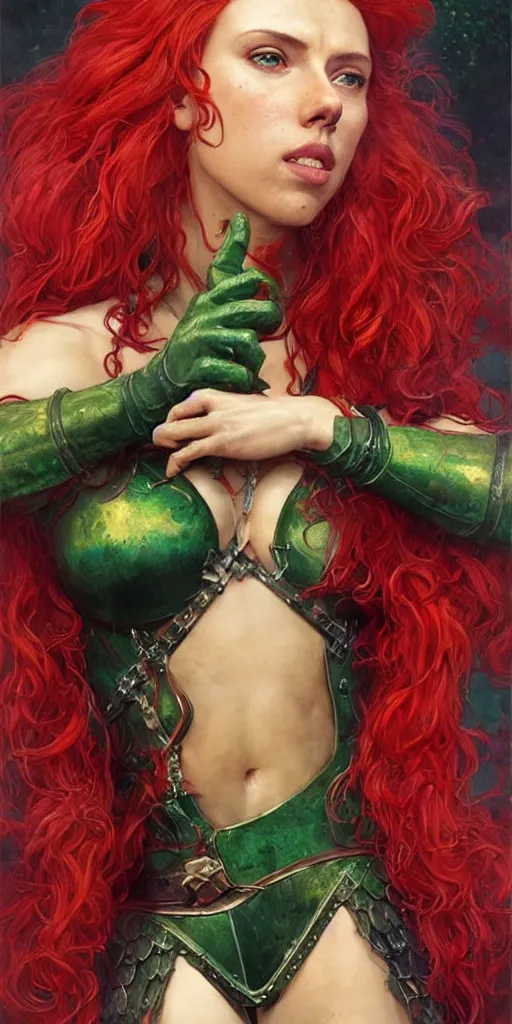 Image similar to epic masterpiece portrait of Red Sonja played by scarlett johansson, followed by head with many screaming faces, beautiful faces and flawless skin, perfect hands, emeralds by Edgar Maxence and Ross Tran and Michael Whelan