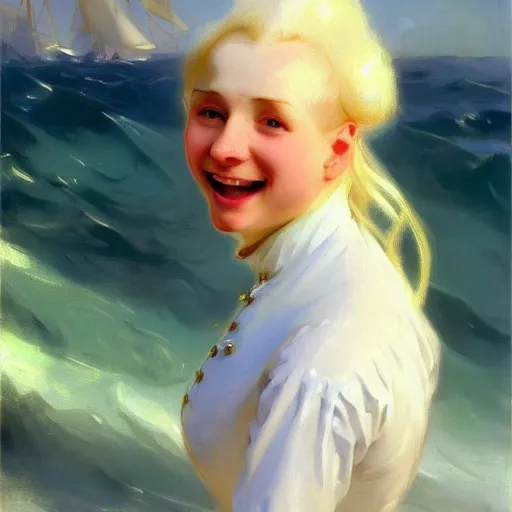Prompt: painting of a cute albino female sailor woman with broad shoulders, flowing white hair, and a confident smile, ocean background. painting by john singer sargent and ivan aivazovsky, 4 k hd artstation