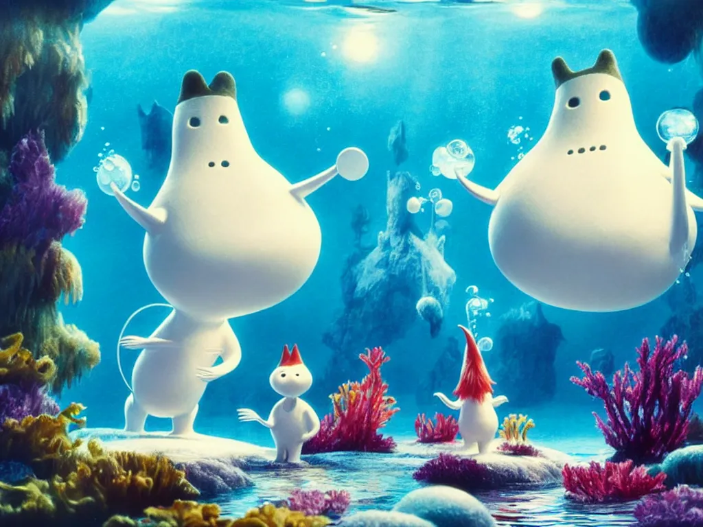 Prompt: underwater moomins discovering the water planet, photorealistic painting, cgi, low volumetric light, movie still, very cute and cozy and fluffy and sweet