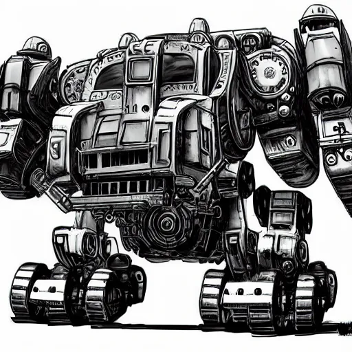 Prompt: Old tractor turned into a walker mech, black and white Battletech mech art, digital painting, white background