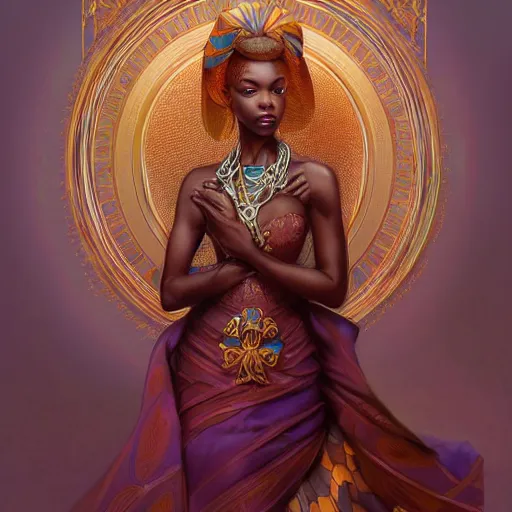 Image similar to an african royal family, kemetic, D&D, fantasy, intricate, elegant, highly detailed, digital painting, artstation, concept art, matte, sharp focus, illustration, art by Artgerm and Greg Rutkowski and Alphonse Mucha